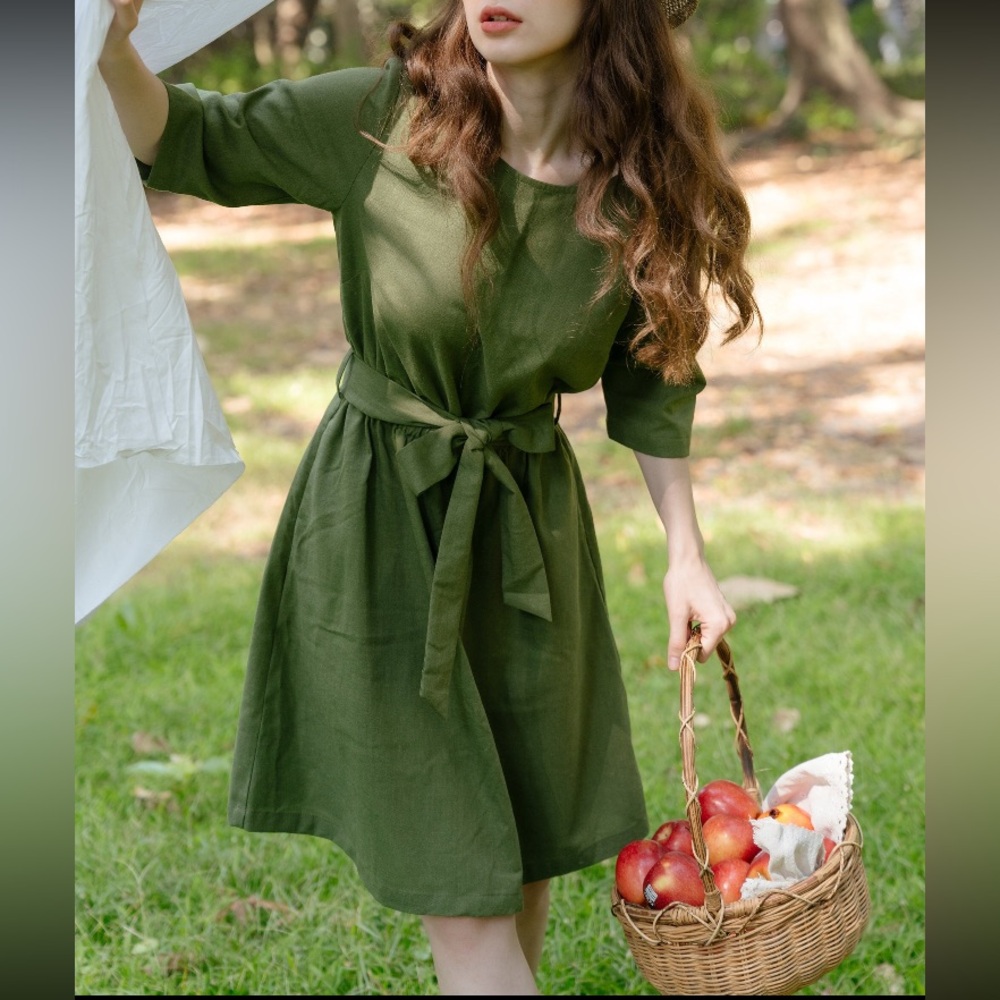 Linen Olive Green Dress XL